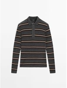 Striped polo neck knit sweater цвет: Серый меланжевый