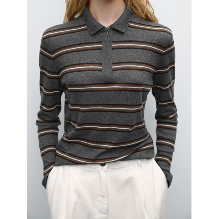 Striped polo neck knit sweater цвет: Серый меланжевый