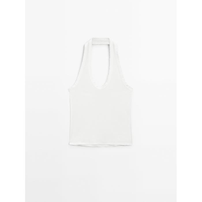 Slim halter top with frayed edges цвет: Натуральный, кремовый
