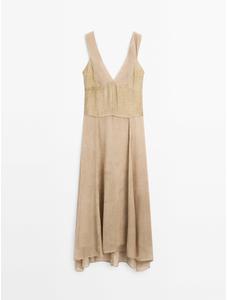 Long fluid dress with V-neckline цвет: Песочный