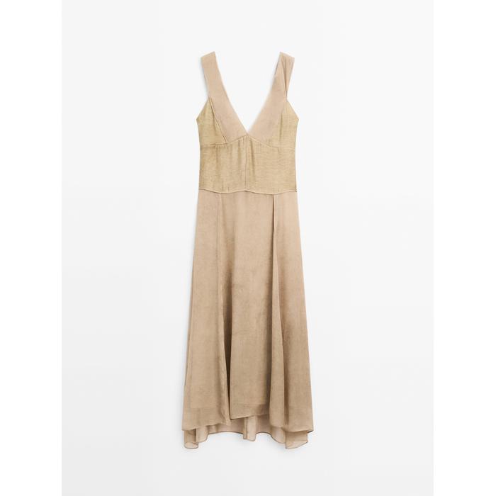 Long fluid dress with V-neckline цвет: Песочный
