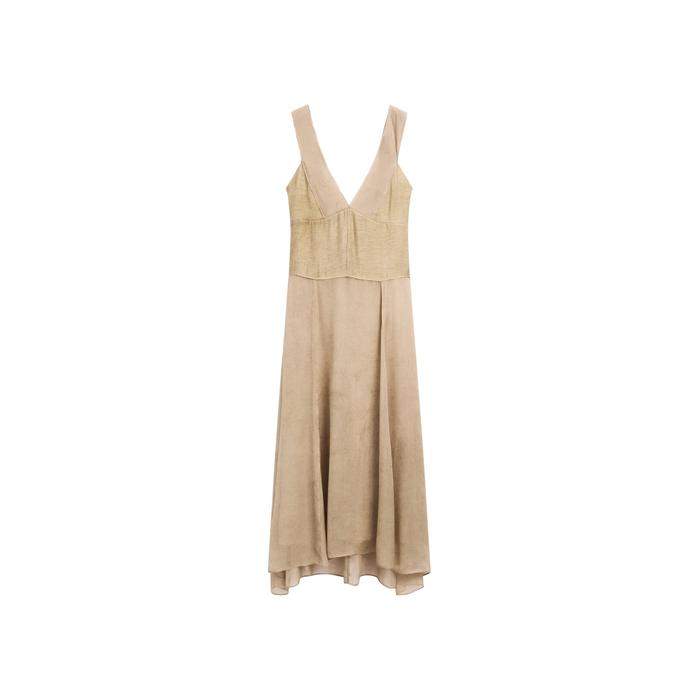 Long fluid dress with V-neckline цвет: Песочный