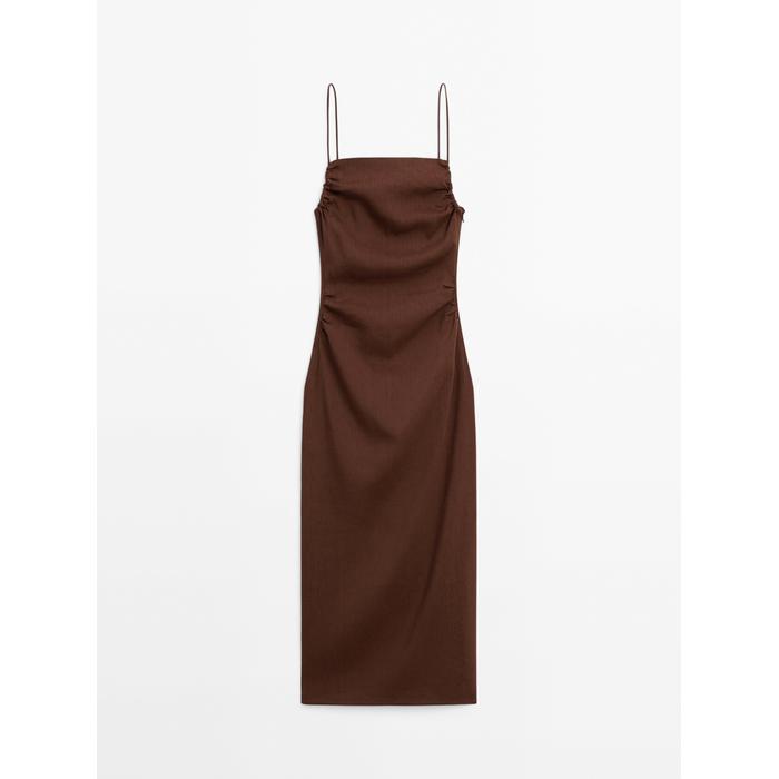 Linen blend ruffled midi dress цвет: Коричневый