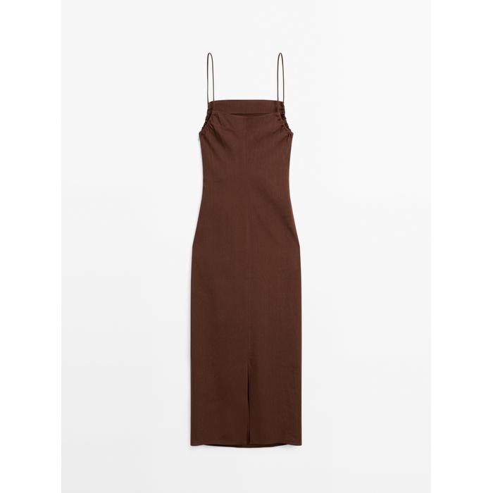 Linen blend ruffled midi dress цвет: Коричневый