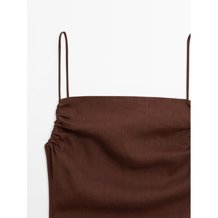 Linen blend ruffled midi dress цвет: Коричневый