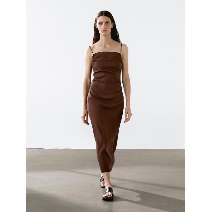 Linen blend ruffled midi dress цвет: Коричневый