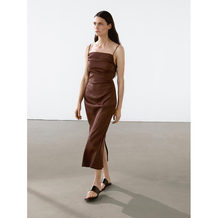 Linen blend ruffled midi dress цвет: Коричневый