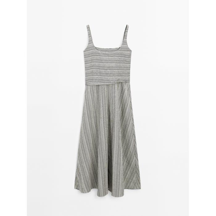 Flared Midi Dress with Stripes цвет: Натуральный, кремовый