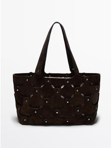 Suede leather shopper bag with studs цвет: Коричневый