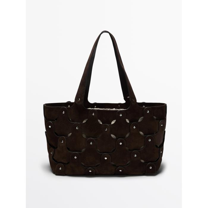Suede leather shopper bag with studs цвет: Коричневый