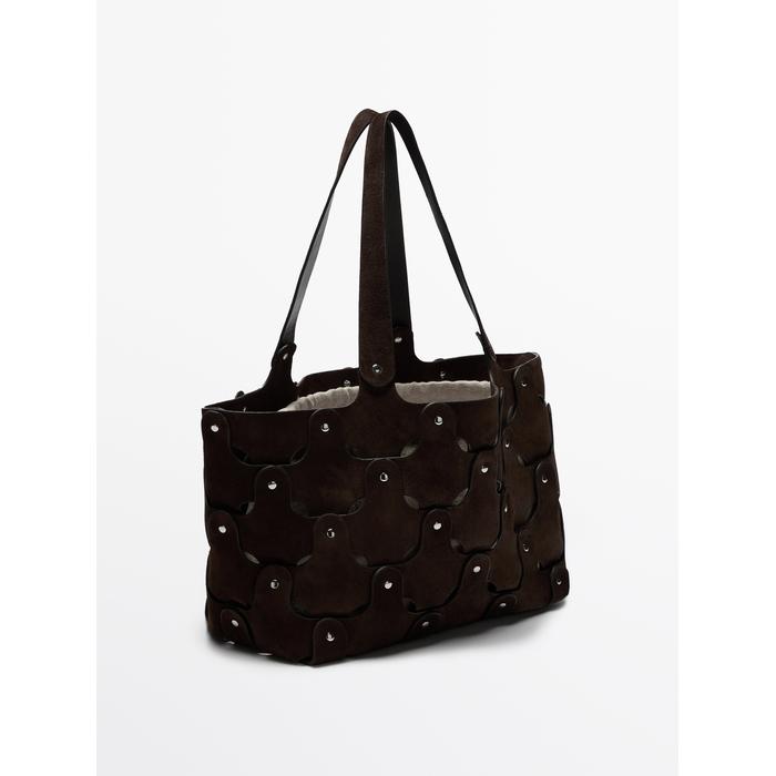 Suede leather shopper bag with studs цвет: Коричневый
