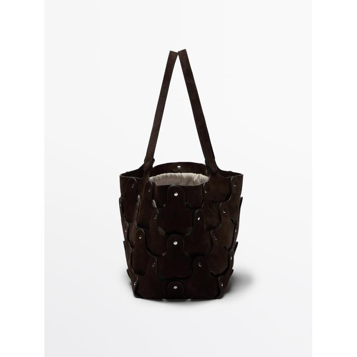 Suede leather shopper bag with studs цвет: Коричневый