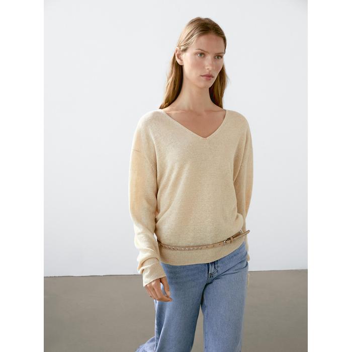 V-neck jumper 100% linen цвет: Песочный