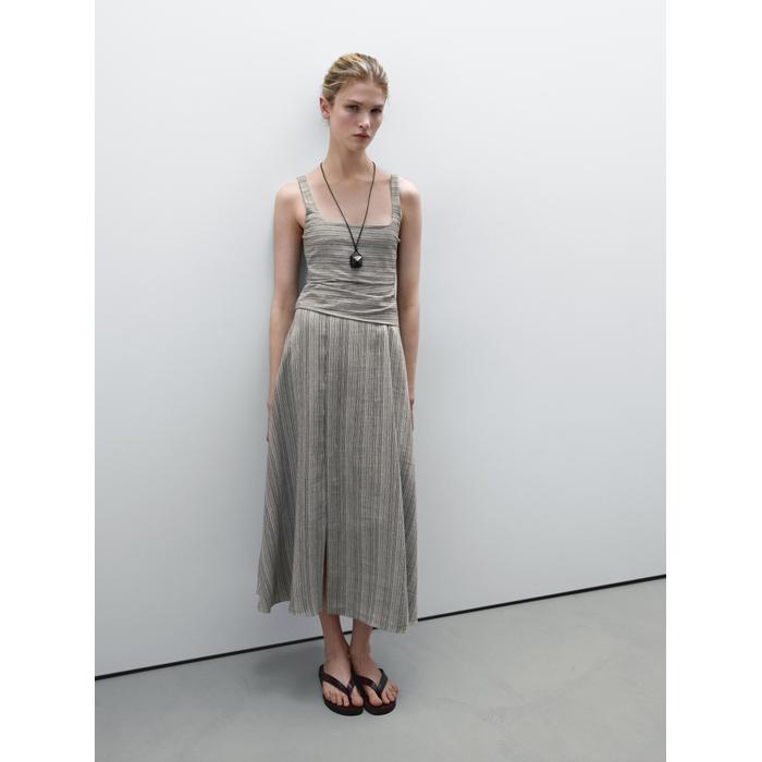 Flared Midi Dress with Stripes цвет: Натуральный, кремовый