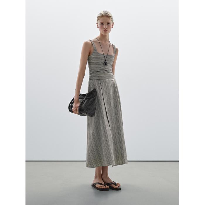 Flared Midi Dress with Stripes цвет: Натуральный, кремовый