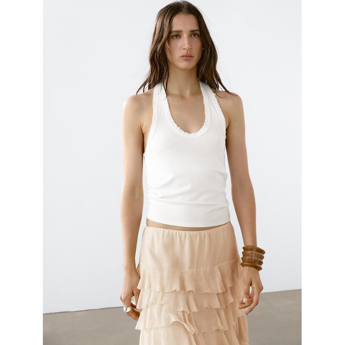 Slim halter top with frayed edges цвет: Натуральный, кремовый