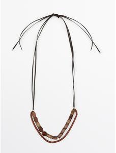 Double cord stone necklace leather цвет: Гранатовый