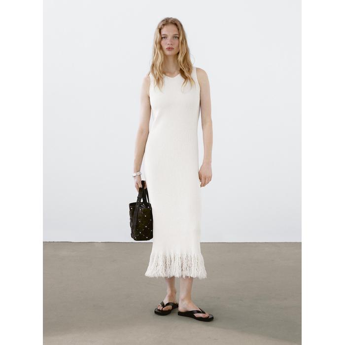 Flared Midi Dress with Stripes цвет: Натуральный, кремовый