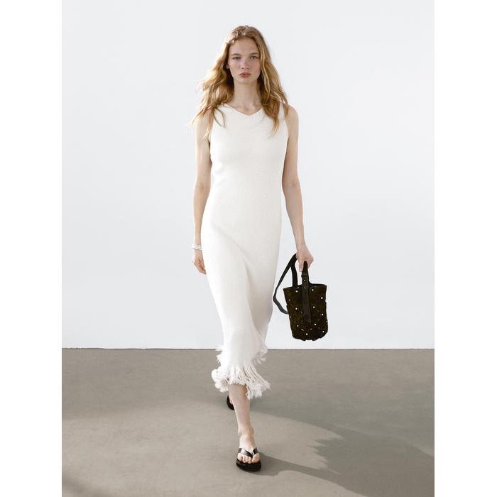 Flared Midi Dress with Stripes цвет: Натуральный, кремовый