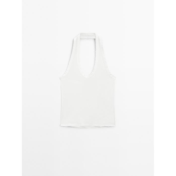 Slim halter top with frayed edges цвет: Натуральный, кремовый