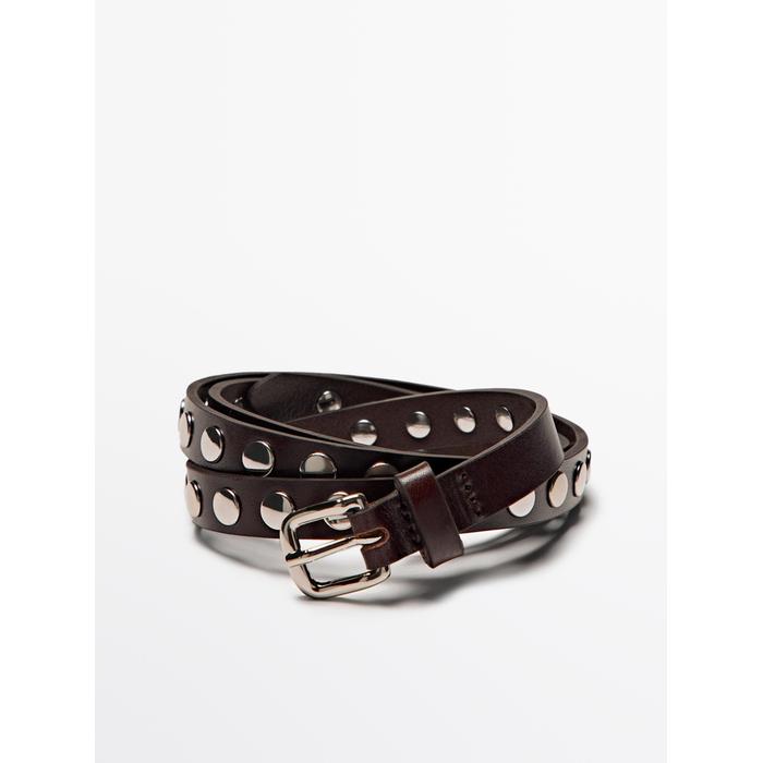 Thin belt studded nappa leather цвет: Коричневый