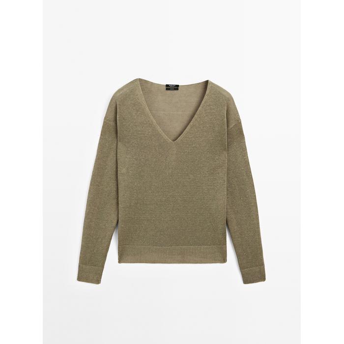 V-neck jumper 100% linen цвет: Зеленоватый