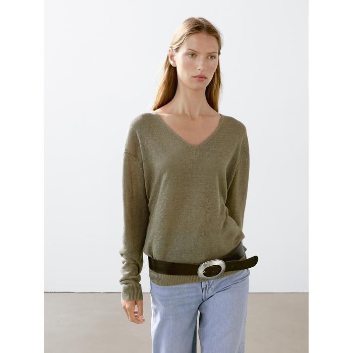 V-neck jumper 100% linen цвет: Зеленоватый
