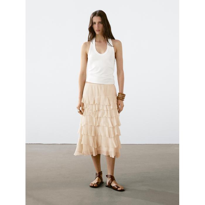 Slim halter top with frayed edges цвет: Натуральный, кремовый