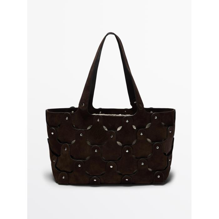 Suede leather shopper bag with studs цвет: Коричневый
