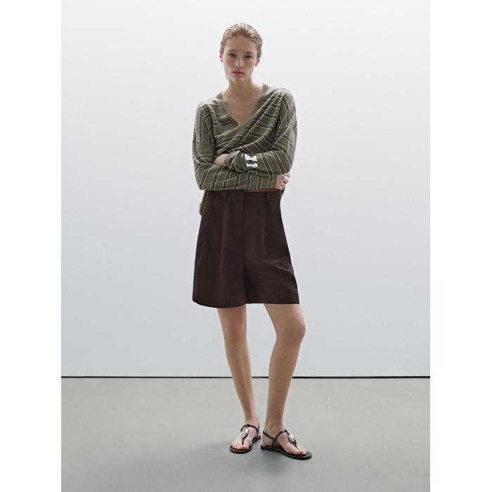 Шорты из смесового льна Tencel™ со складками цвет: Коричневый