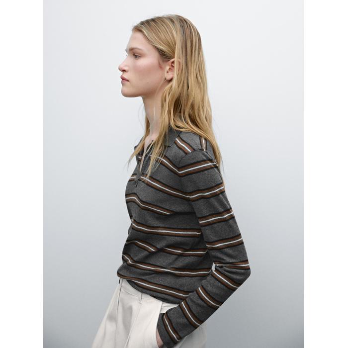 Striped polo neck knit sweater цвет: Серый меланжевый