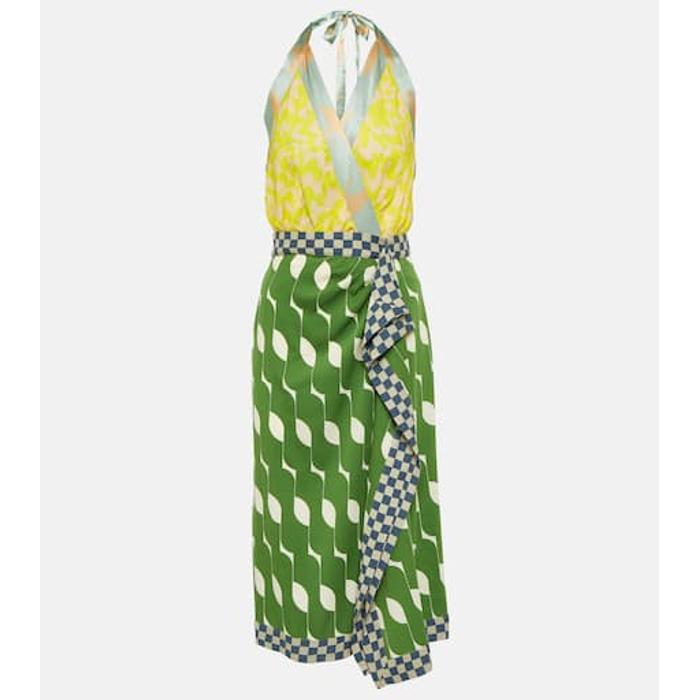 Шелковое атласное платье миди с вырезом лодочкой и принтом цвет: Разноцветный
