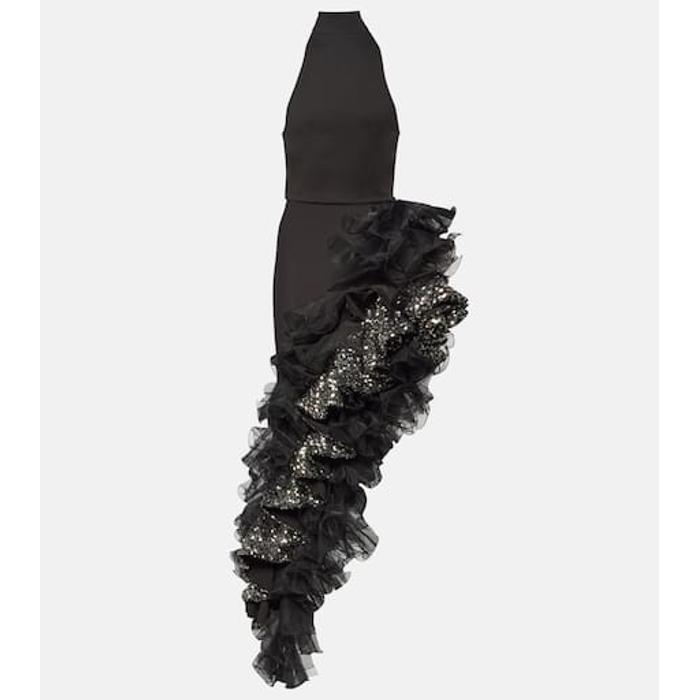 Платье с оборками на бретельках, расшитое блестками цвет: Чёрный