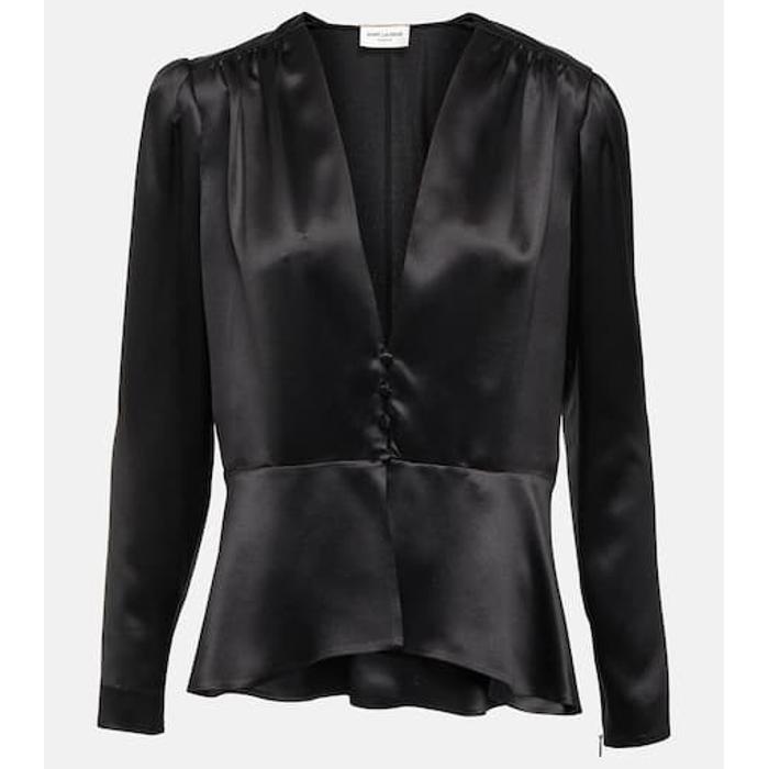 Шелковая атласная блузка с баской цвет: Чёрный