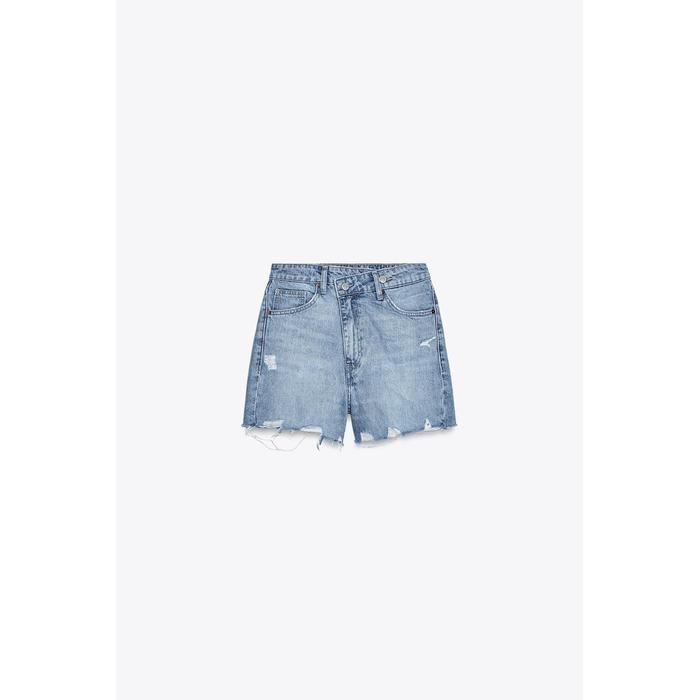 MOM FIT ДЖИНСОВЫЕ ШОРТЫ-БЕРМУДЫ TRF С ЗАВЫШЕННОЙ ТАЛИЕЙ И ПЕРЕКРЕЩИВАЮЩИМСЯ ПОЯСОМ