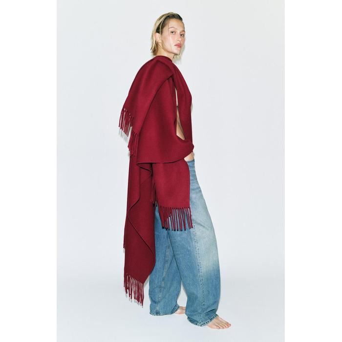 НАКИДКА ИЗ ПОЛУШЕРСТЯНОЙ ТКАНИ С БАХРОМОЙ ИЗ КОЛЛЕКЦИИ ZW COLLECTION