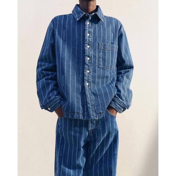Джинсовая рубашка с пышными рукавами поверх рубашки цвет: Print blue stripes