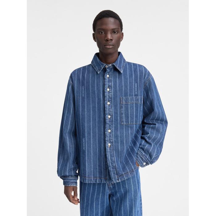 Джинсовая рубашка с пышными рукавами поверх рубашки цвет: Print blue stripes