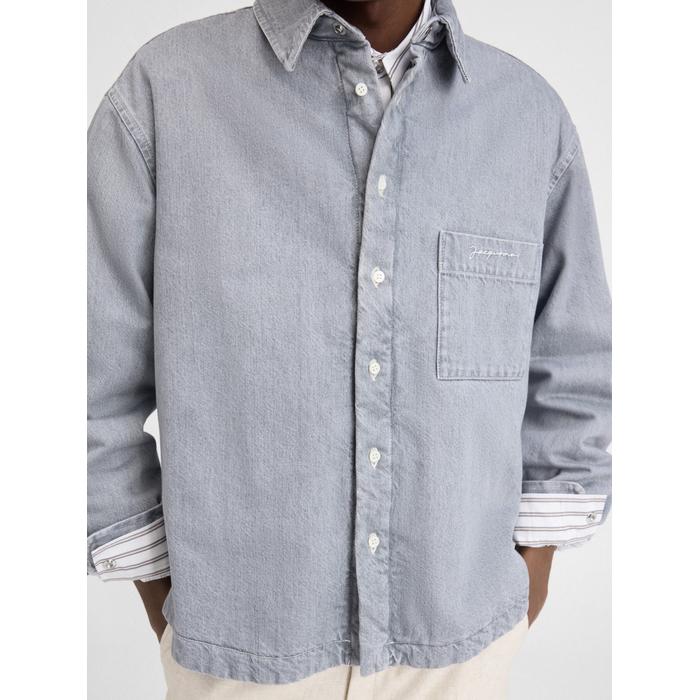 Джинсовая рубашка с пышными рукавами поверх рубашки цвет: Grey / off-white