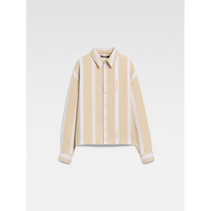 Пижамная рубашка в полоску с длинными рукавами цвет: Jacquard logo stripes white/beige