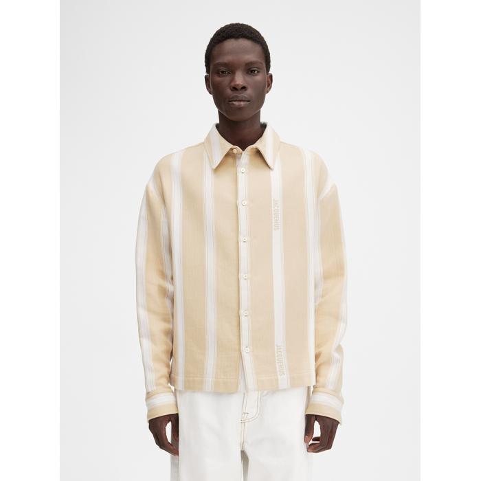 Пижамная рубашка в полоску с длинными рукавами цвет: Jacquard logo stripes white/beige