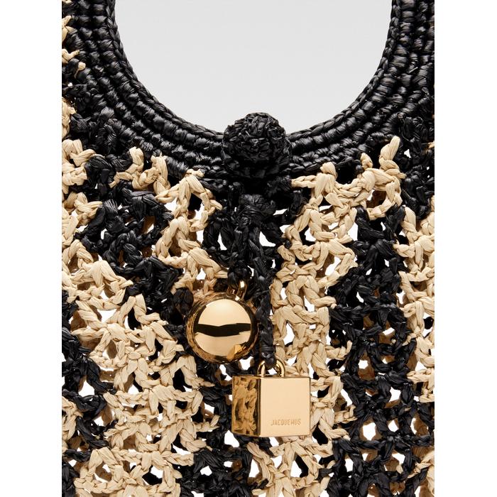 Маленькая круглая сумка из рафии цвет: Ivory/black