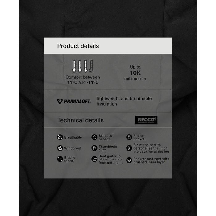 Лыжный водостойкий комбинезон PrimaLoft® с подкладкой и прямыми штанинами.