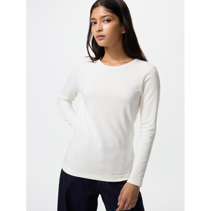 Теплая Футболка HEATTECH Cotton круглый вырез цвет: Молочный