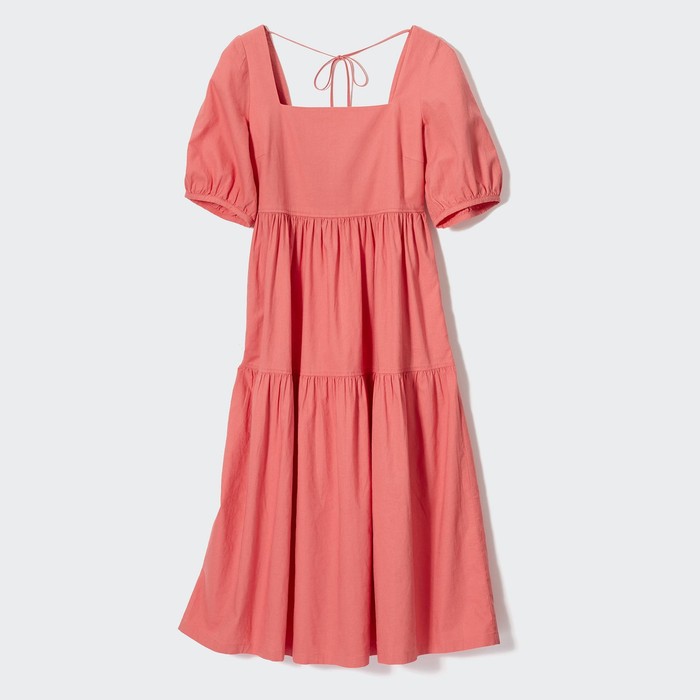 Платье с объемными рукавами из льняной смеси с гофрированием цвет: Розовый