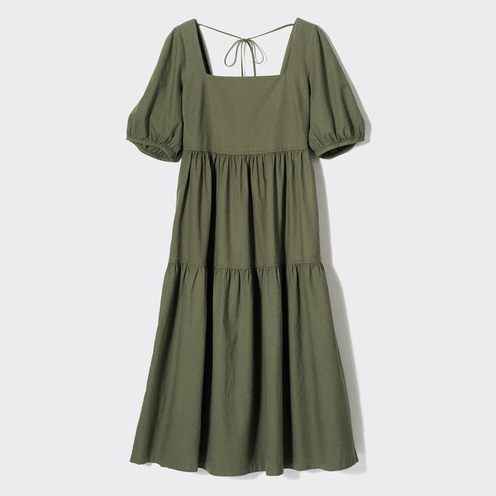 Платье с объемными рукавами из льняной смеси с гофрированием цвет: Зелёный