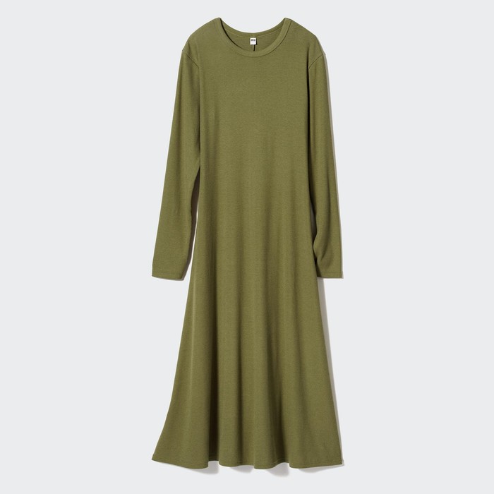 Расклешенное платье в рубчик с длинными рукавами цвет: Зелёный