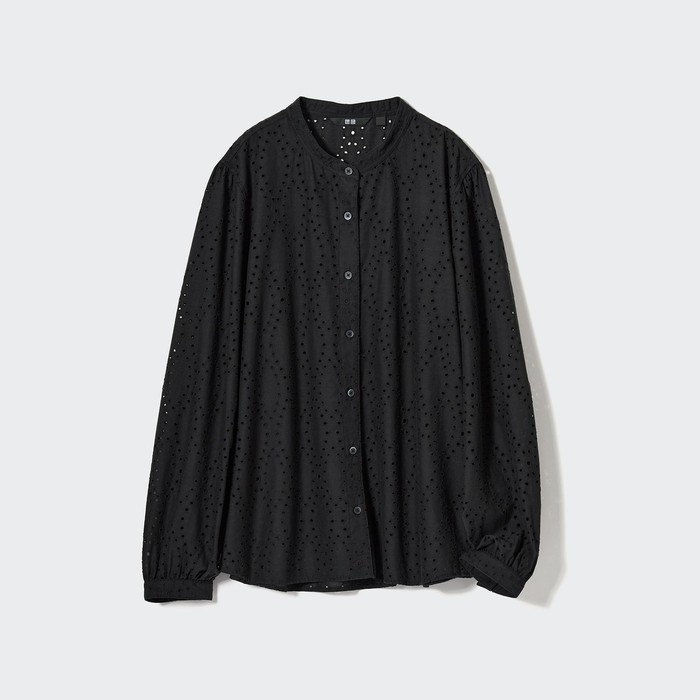 Хлопковая блузка с длинными рукавами и вышивкой цвет: Чёрный
