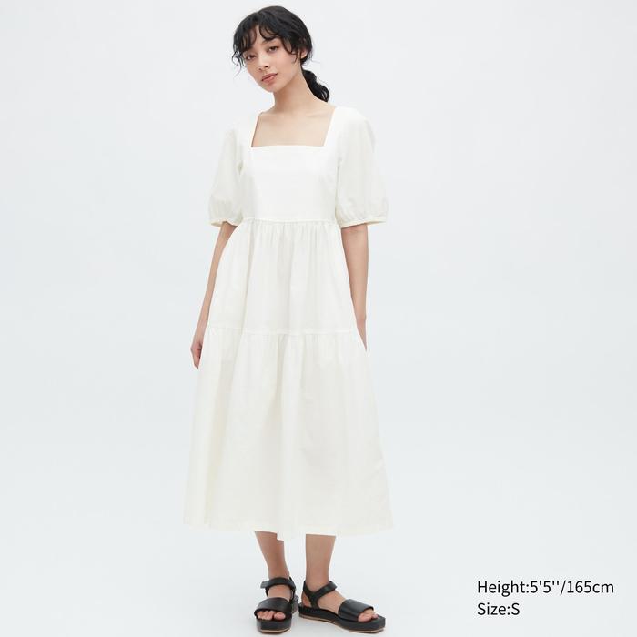 Платье с объемными рукавами из льняной смеси с гофрированием цвет: Белый