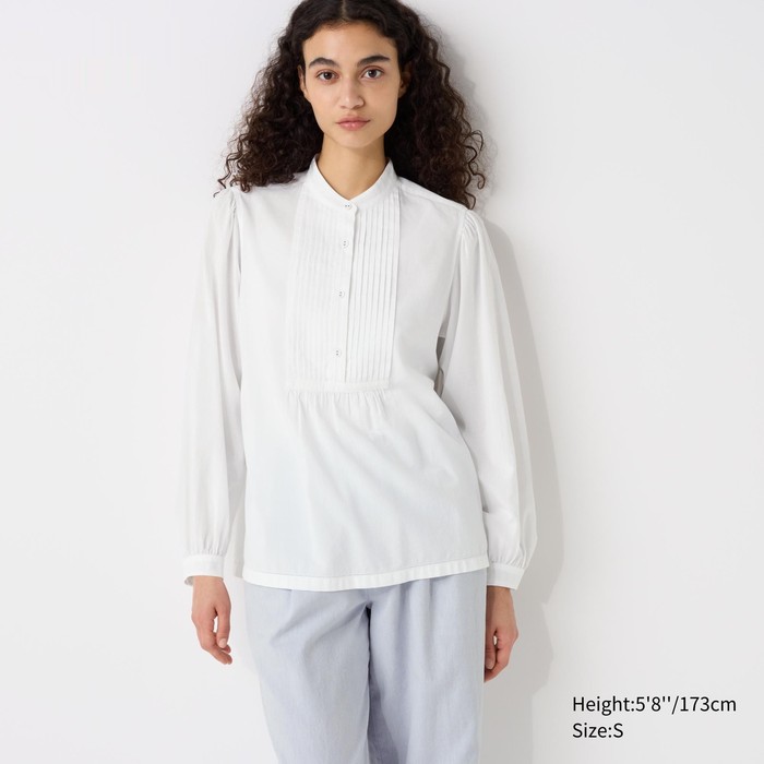 Блузка с длинными рукавами из жатого хлопка с защипами цвет: Белый
